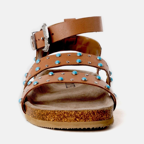 Jo Ghost Size 39 Made In Italy Brown Leather Sandals Chunky Turquoise New - Picture 15 of 16